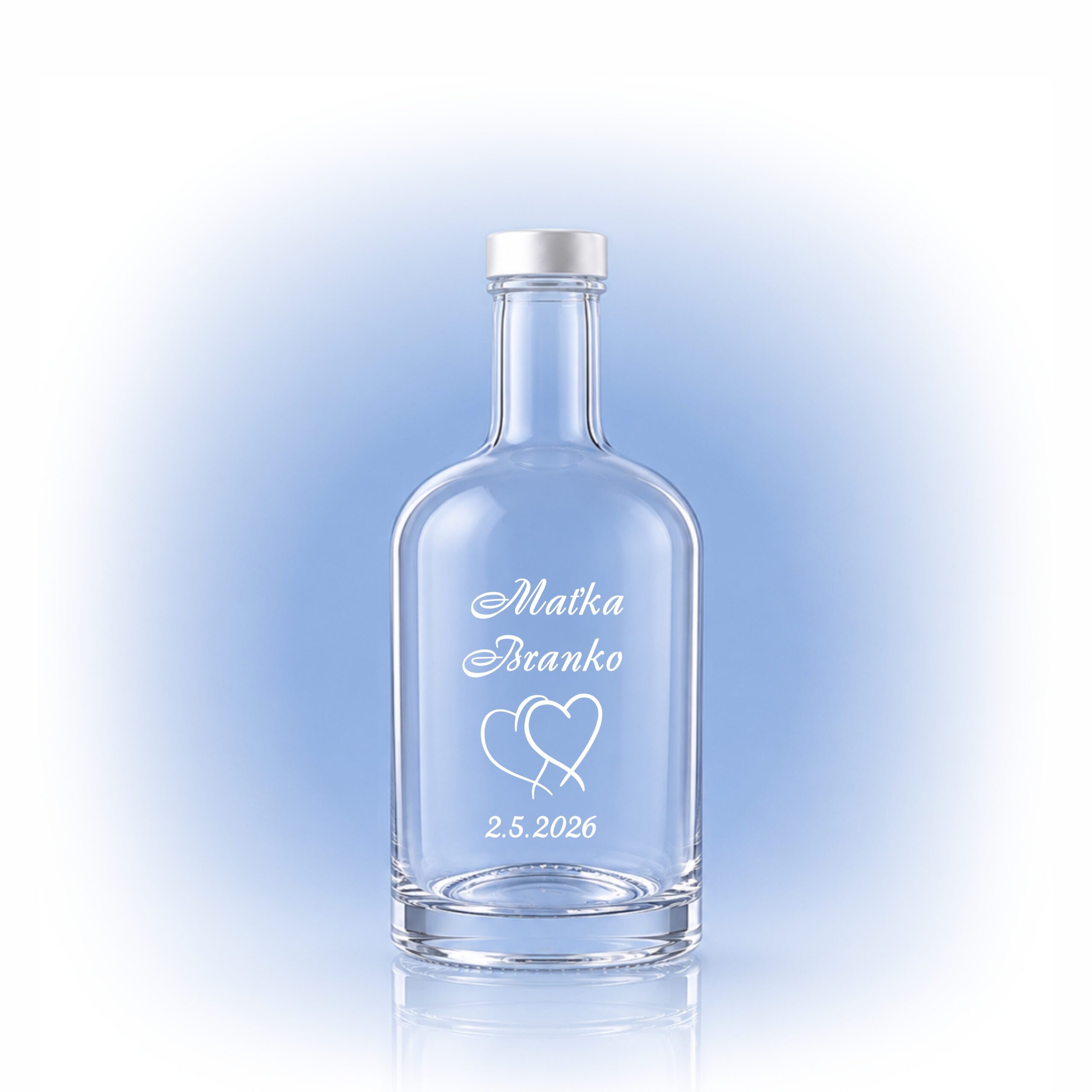 Svadobná fľaška Pure Hearts 0,5 l s menami novomanželov a dátumom svadby